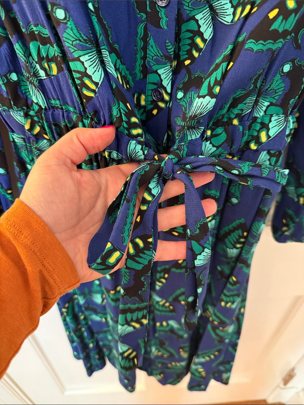 Maeve Blue and Green Butterfly-Print Long-Sleeve Dress - Picture 3 of 4